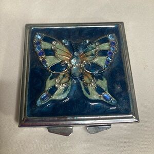 Butterfly in Blue and green Mosaic design Silver Tone Mirrored Compact Case